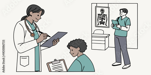 Doctor in a white coat with a stethoscope. Isolated on a white background. A medical worker holds a clipboard during an examination. Flat vector.
