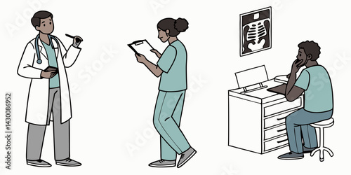 Doctor in a white coat with a stethoscope. Isolated on a white background. A medical worker holds a clipboard during an examination. Flat vector.