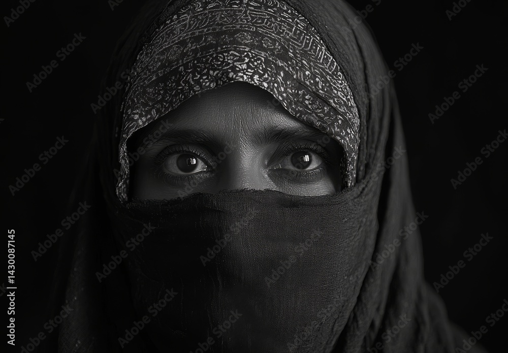 Naklejka premium Mysterious eyes emerge from the shadows in a captivating black and white portrait of a woman
