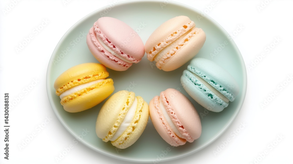 Fototapeta premium Colorful macarons arranged on a pale plate showcasing delightful pastel flavors in a dessert setting