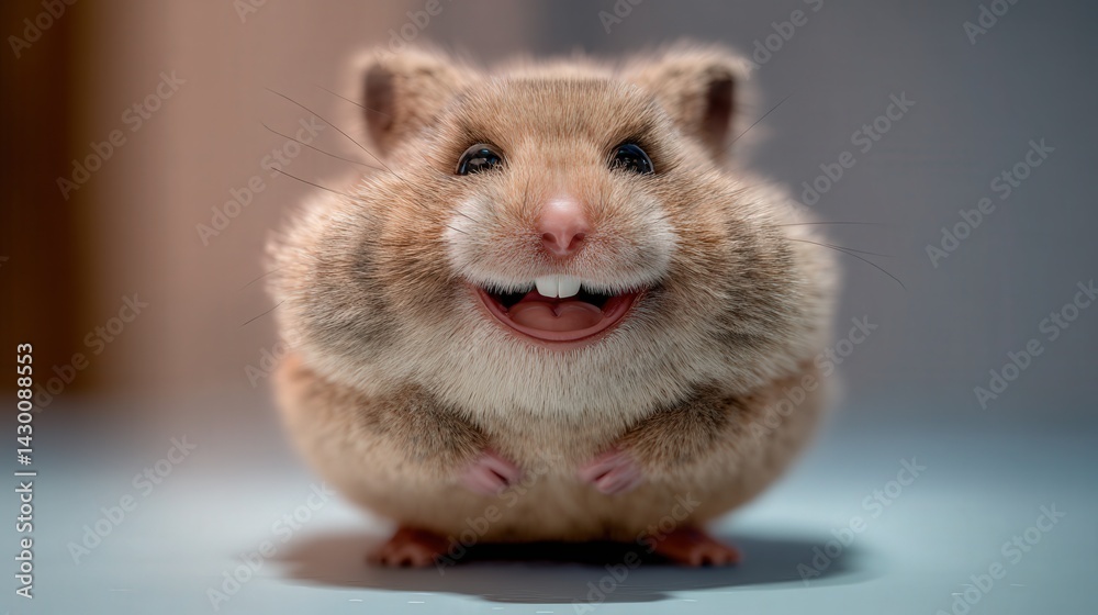 Cute and chubby hamster with a bright smile posing playfully in its cage, radiating joy and happiness Cute and chubby hamster with a bright smile posing playfully in its cage, radiating joy and happiness