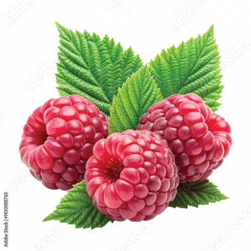 realistic fresh raspberries with leaves isolated on transparent background 