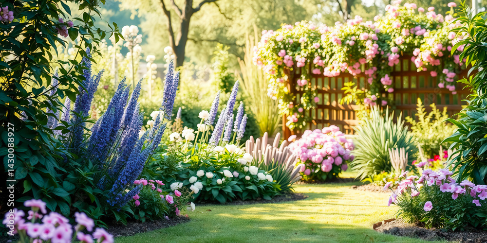 Lush garden with vibrant flowers and greenery on a sunny day. Lush garden with vibrant flowers and greenery on a sunny day.