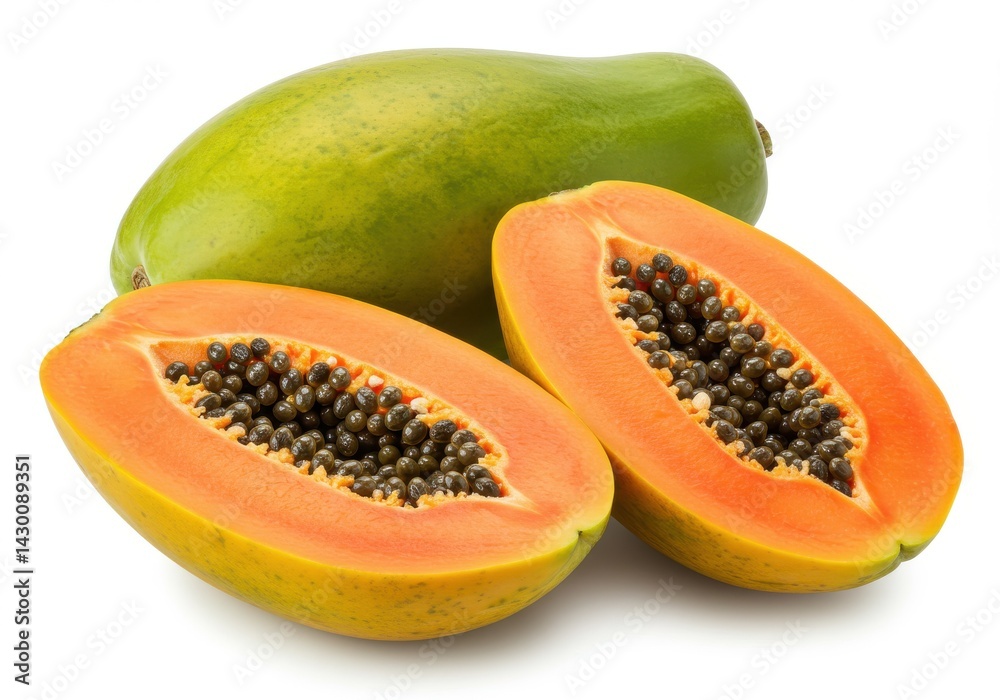 A whole papaya and two halves showing seeds and orange flesh on a white background in studio light A whole papaya and two halves showing seeds and orange flesh on a white background in studio light