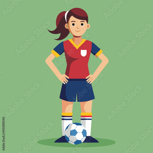 Soccer women, female football player with ball, isolated vector , high contrast illustration, front view 