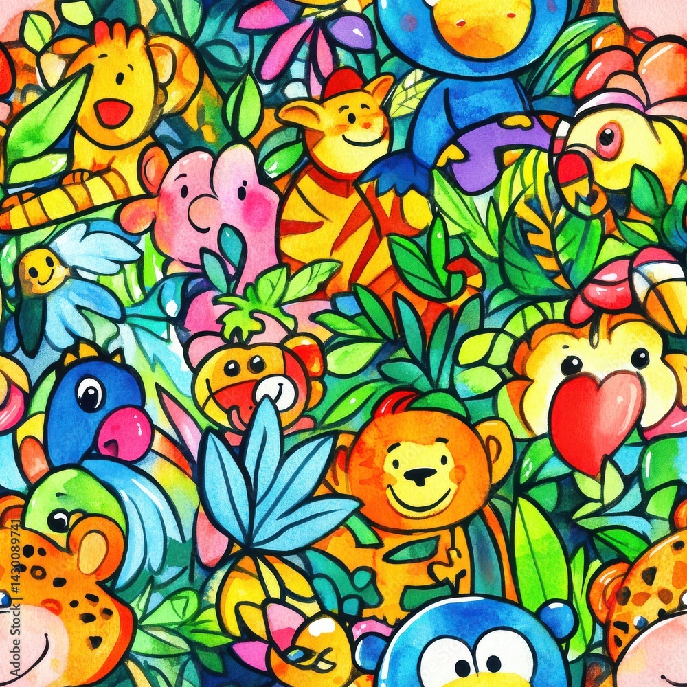 Whimsical Watercolor Jungle Pattern with Playful Cartoon Animals and Lush Foliage for Children's Designs Whimsical Watercolor Jungle Pattern with Playful Cartoon Animals and Lush Foliage for Children's Designs