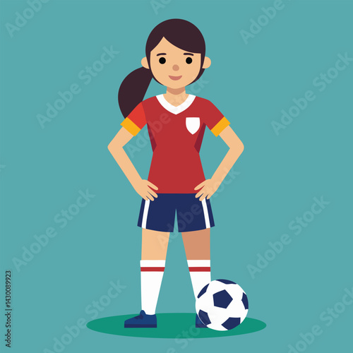 Soccer women, female football player with ball, isolated vector , high contrast illustration, front view 