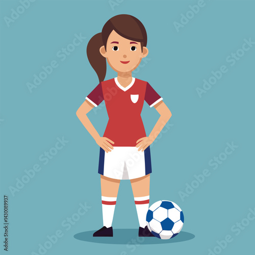 Soccer women, female football player with ball, isolated vector , high contrast illustration, front view 
