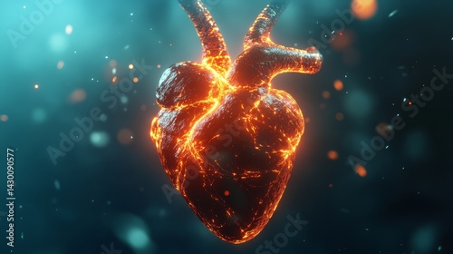 Close-Up 3D Illustration of a Human Heart with Arterial Tree Structure