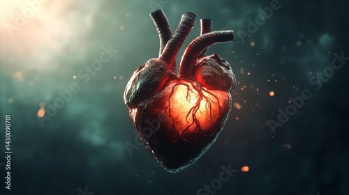 Close-Up 3D Illustration of a Human Heart with Arterial Tree Structure