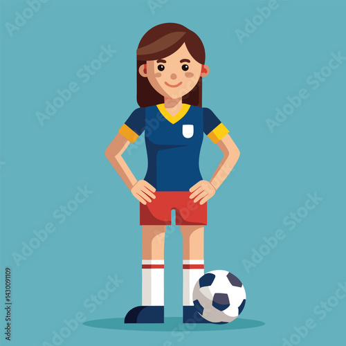 Soccer women, female football player with ball, isolated vector , high contrast illustration, front view 