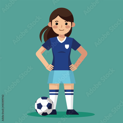 Soccer women, female football player with ball, isolated vector , high contrast illustration, front view 