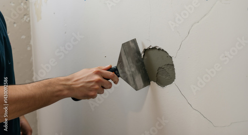 Hand applying cement patch to damaged wall with metal trowel. Close-up of hole repair process with concrete filler. Home renovation and wall restoration techniques