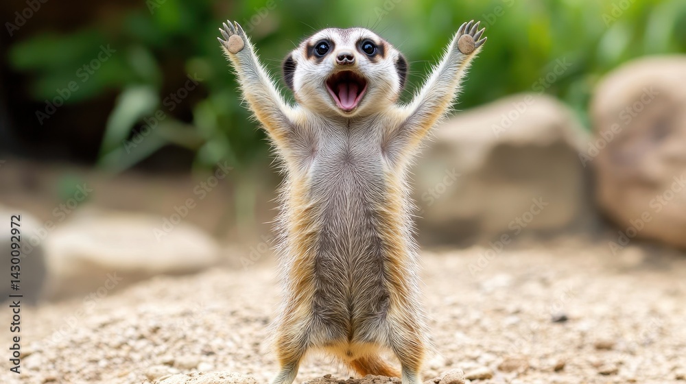 Fototapeta premium Cute meerkat stands with its paws up, mouth open. It can represent joy, happiness, or pure surprise.