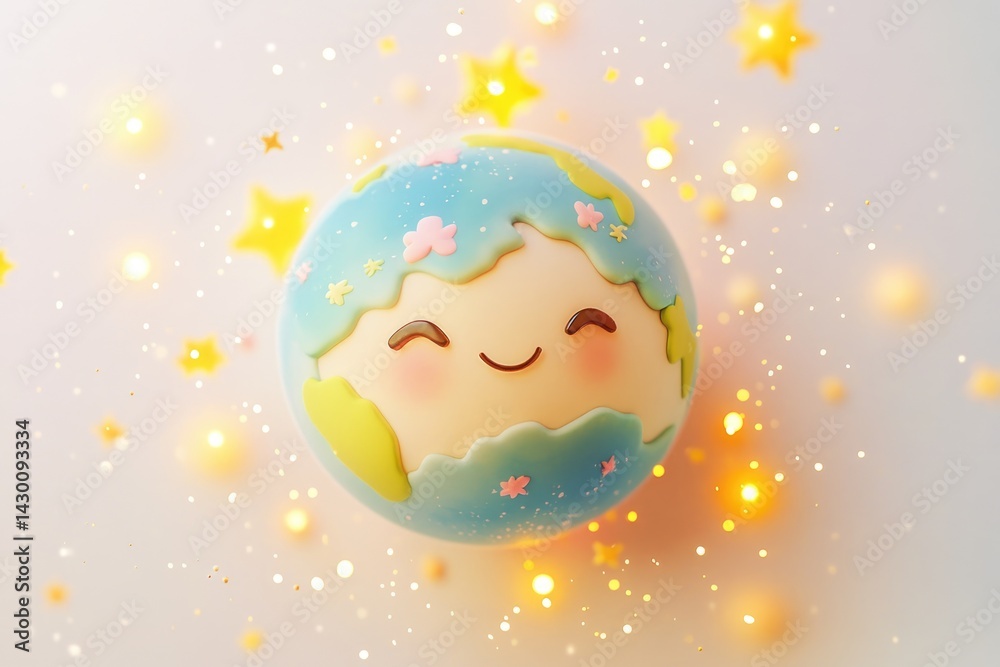 Naklejka premium Smiling cartoon Earth surrounded by twinkling stars and golden sparkles, representing joy and environmental care.