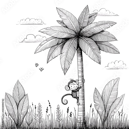 A charming monkey climbing a detailed coloring book palm tree in a lush landscape