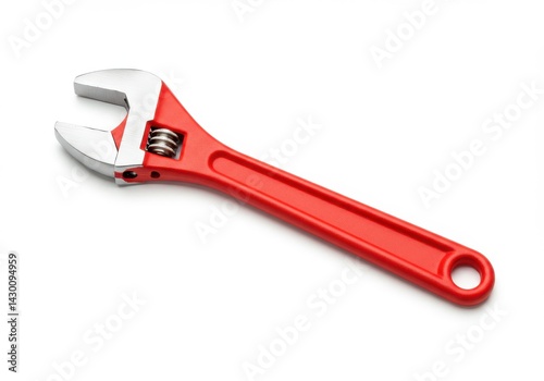 A close up shot of a red adjustable wrench laying on a white surface with a silver head and dialer