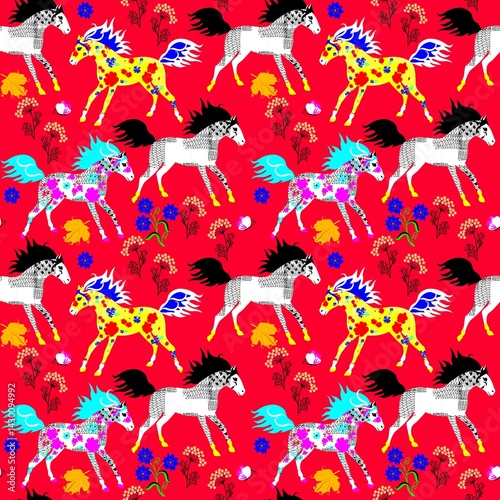 Seamless pattern with fairytale galloping horses on a red background in vector. Chinese New Year of the Horse 2026. Bright print for fabric.