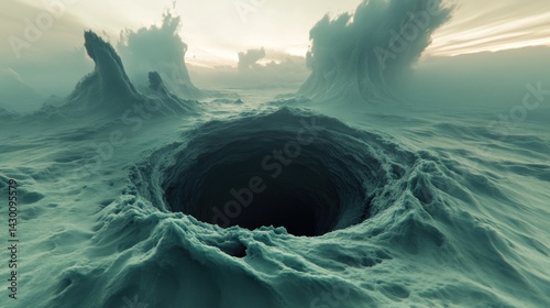 Vast, icy landscape with a gaping chasm.