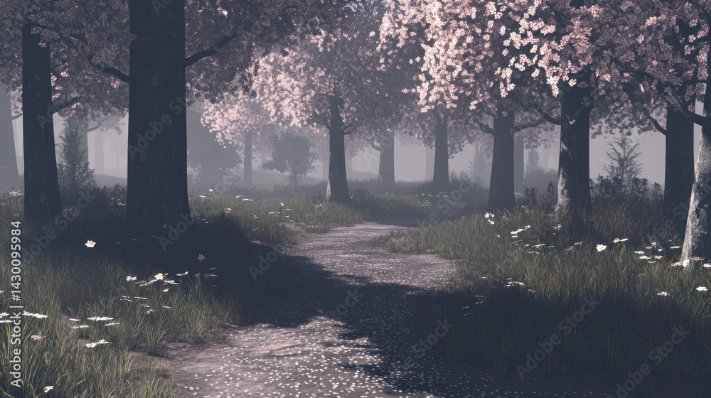 Obraz premium Misty forest path lined with blossoming cherry trees.