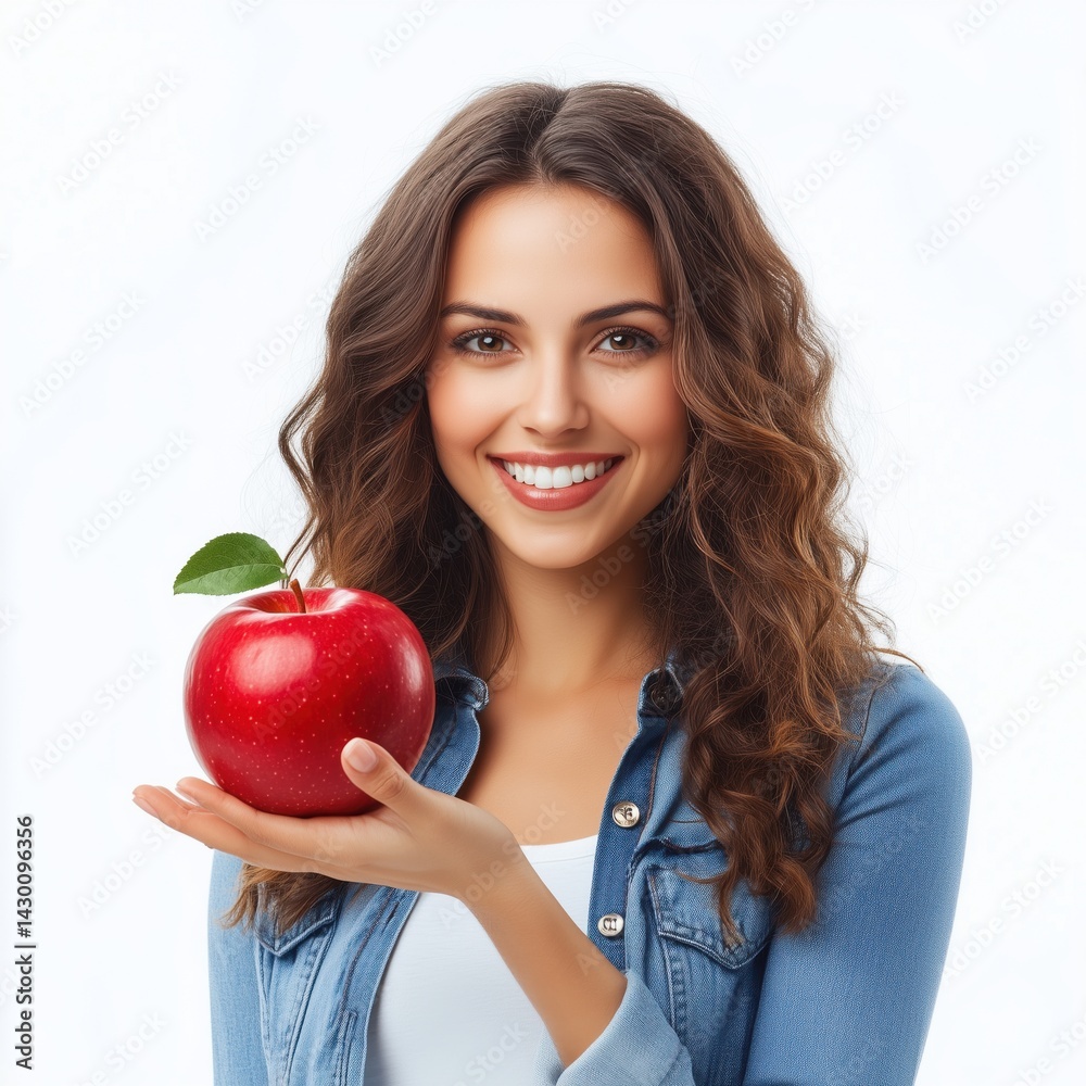 Smiling woman holding a red apple in a cheerful pose indoors during daytime Smiling woman holding a red apple in a cheerful pose indoors during daytime