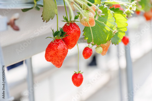 静岡県産のイチゴ、章姫と紅ほっぺ。
英名学名：Shizuoka strawberries, Akihime (Fragaria × ananassa) and Benihoppe (Fragaria L.).
春のイチゴ狩り。
完熟のイチゴが食べ放題。
三島市、静岡県-2025年3月30日
