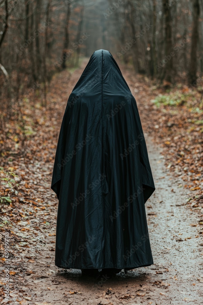 Mysterious figure in black cloak walking on a path in the forest. Mysterious figure in black cloak walking on a path in the forest.