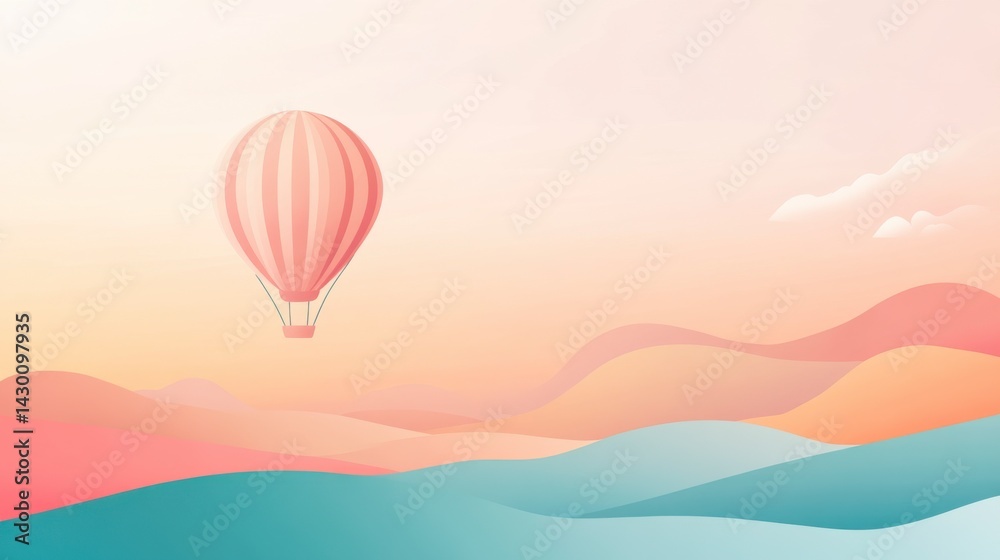 Obraz premium Pastel Sunrise Landscape with Pink Hot Air Balloon