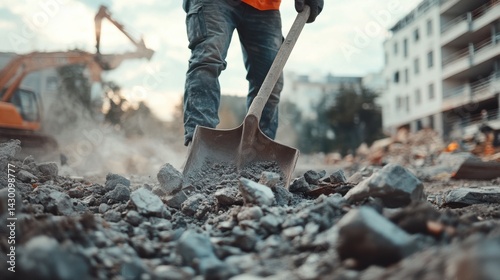Demolition worker removing debris with a shovel at a construction site. Featuring physical strength and safety