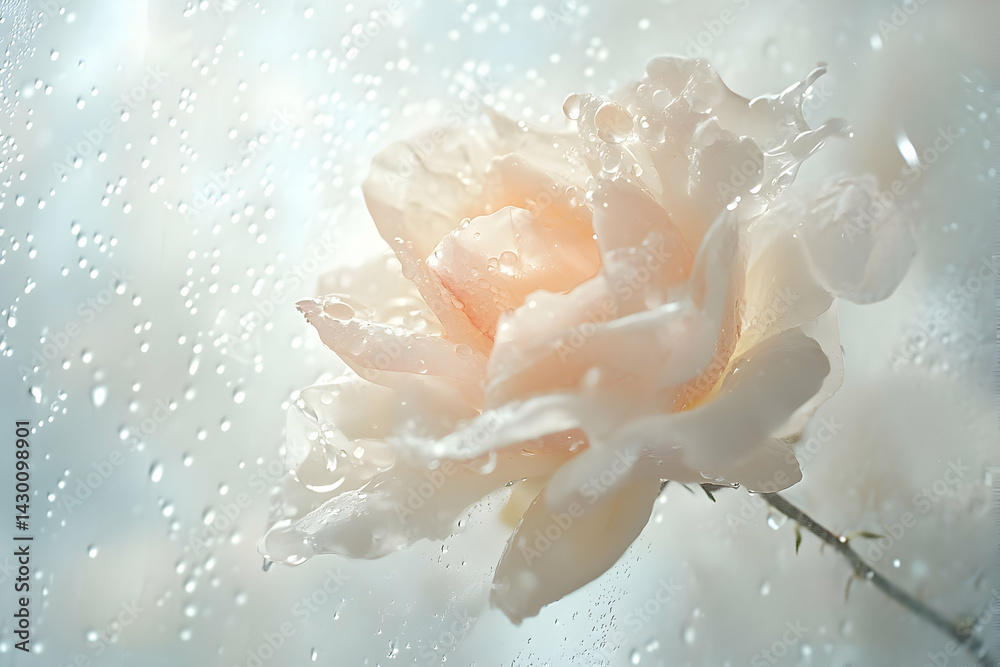 Delicate pale rose, veiled in raindrops. Delicate pale rose, veiled in raindrops.