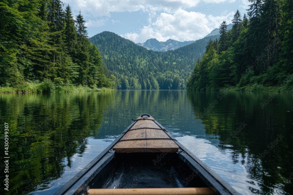 Obraz premium Canoeing on a pristine lake surrounded by lush forests and mountains.