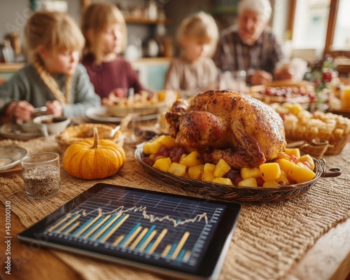 Thanksgiving stock trading with turkey, Family Gathering with Roast Turkey and Financial Data on Tablet Thanksgiving investing during turkey dinner