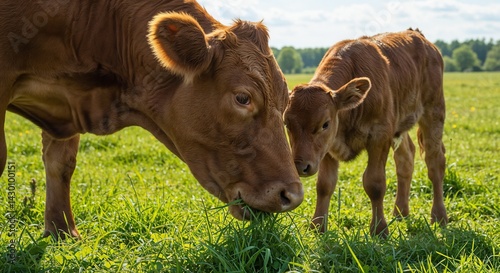 Cows grazing with calf in green meadow