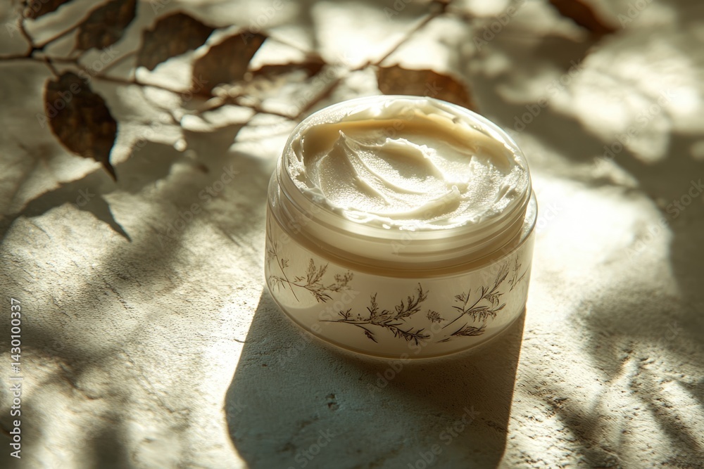 A glass jar of creamy product sits on a textured surface, illuminated by gentle sunlight and surrounded by dried leaves