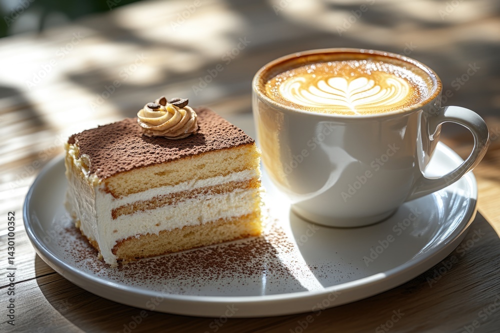 A slice of layered cake topped with cream sits next to a beautifully crafted latte in a warm, inviting cafe setting illuminated by afternoon light