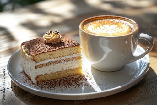 Obraz na płótnie A slice of layered cake topped with cream sits next to a beautifully crafted latte in a warm, inviting cafe setting illuminated by afternoon light w salonie