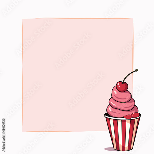 Strawberry ice cream in striped cup with cherry on pink background