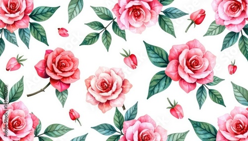 Delicate watercolor roses & leaves, repeating pattern, repeat pattern, background