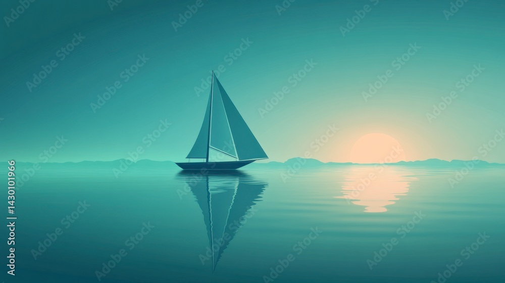 Naklejka premium Pixel Art Sailboat at Sunset on Calm Teal Water