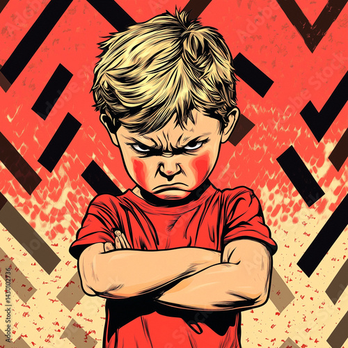 Wallpaper Mural Angry cartoon boy with clenched fists and furrowed brows standing against red graphic background in frustration. Torontodigital.ca