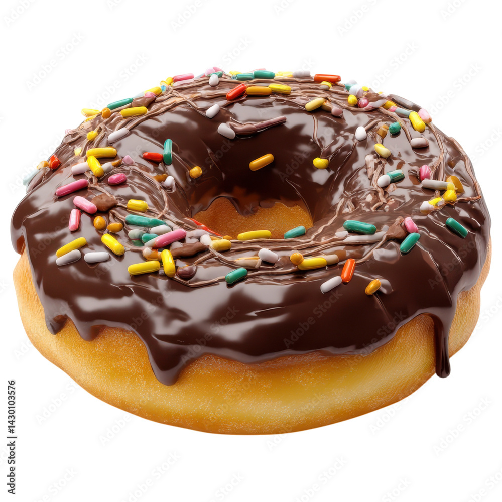 Fototapeta premium Delicious chocolate donut topped with colorful sprinkles and soft texture isolated on transparency background