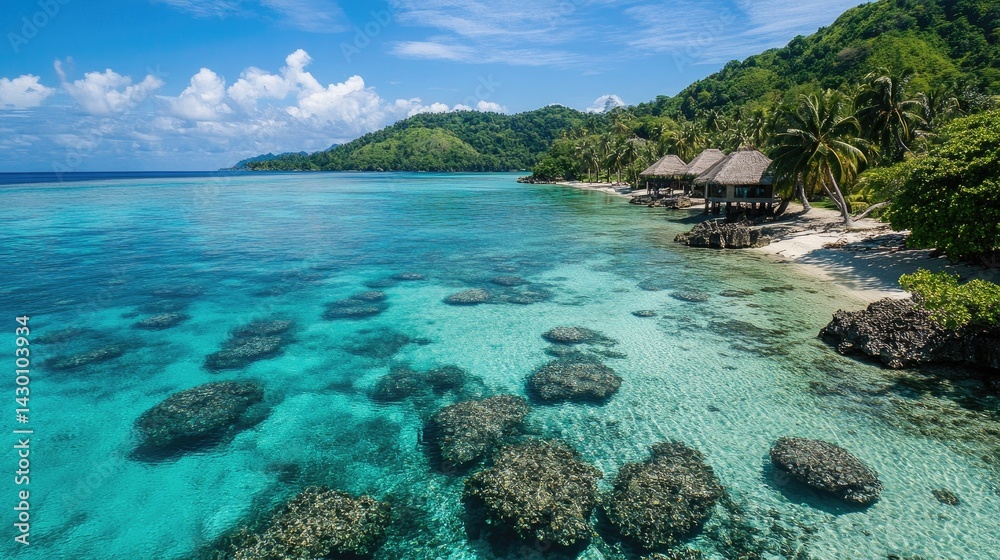Serenity unfolds in a tropical paradise with crystal waters and vibrant hues Serenity unfolds in a tropical paradise with crystal waters and vibrant hues