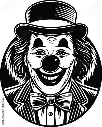 clown face with curly hair, exaggerated makeup, and a ruffled collar in retro engraving style sketch engraving generative ai raster illustration. Scratch board imitation. Black and white image.