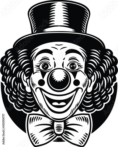 clown face with curly hair, exaggerated makeup, and a ruffled collar in retro engraving style sketch engraving generative ai vector illustration. Scratch board imitation. Black and white image.