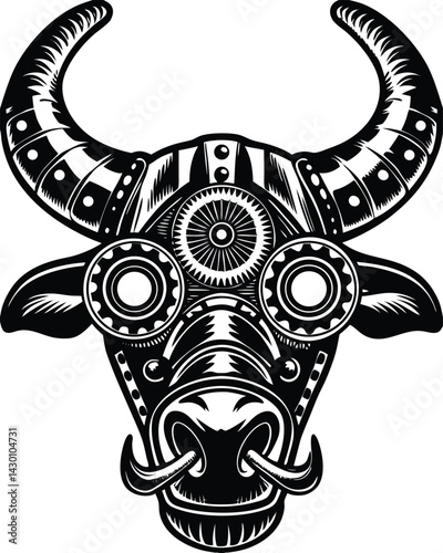 cybernetic bull with mechanical components, gears, and futuristic robotic details in steampunk
