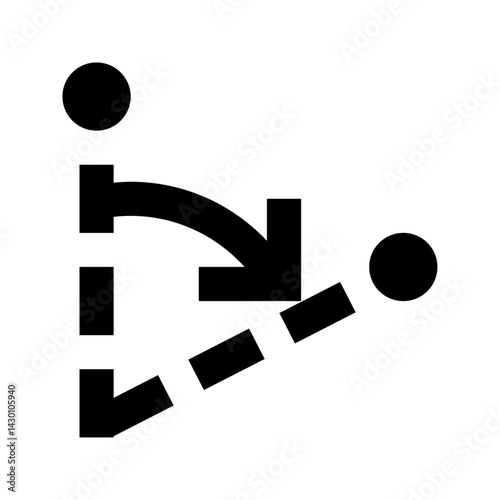 Black circle with a curved arrow pointing right and a dashed line leading to another circle design