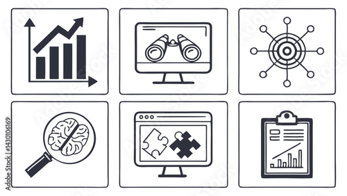 Minimal Data Analysis Icon Set with Charts Graphs Pie Target and Analytics Symbols in Modern Line Style for Dashboard UI