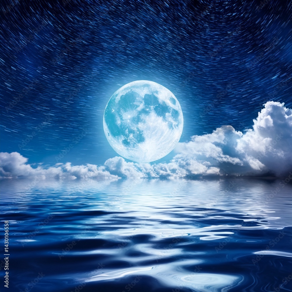 Fototapeta premium Very big moon at the ocean, with starry and milky way at sky
