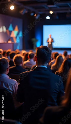 Generative AI presents a conference audience attentive to a keynote speaker