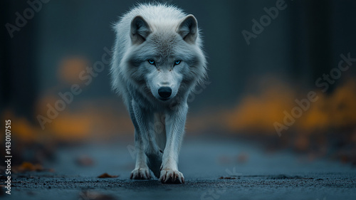 Majestic White Wolf Walking Towards the Camera on a Dark Road at Dusk